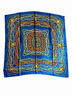 CHANEL Gripoix Blue Silk Scarf with Gold Chain and Red & Green Medallions